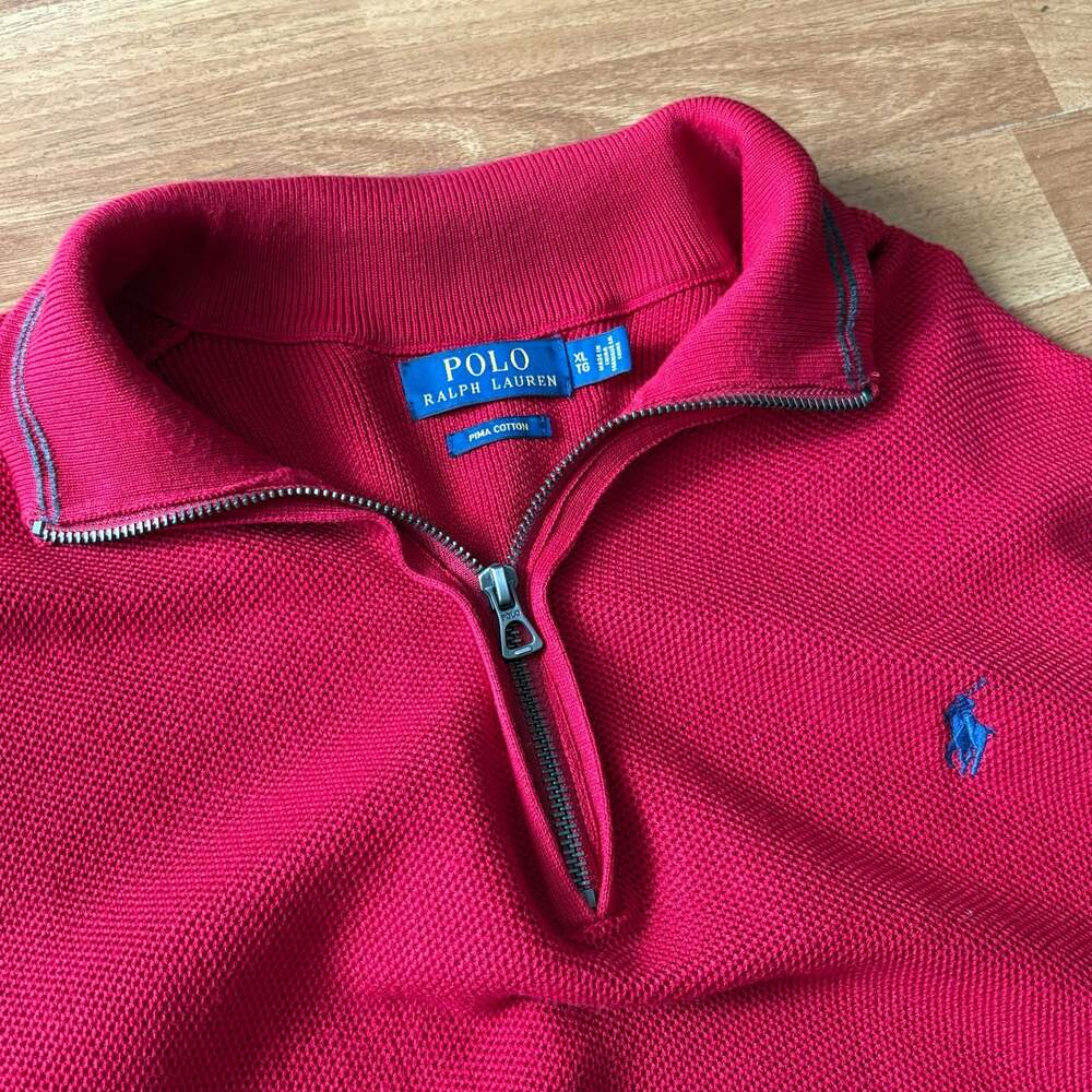 Polo Ralph Lauren Men's Red Pima Cotton Quarter-Zip Waffle-Knit Sweater - Picture 2 of 6